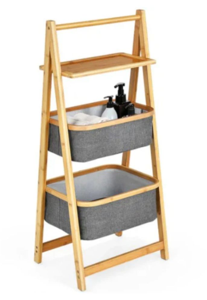 A frame laundry hamper with shelf natural