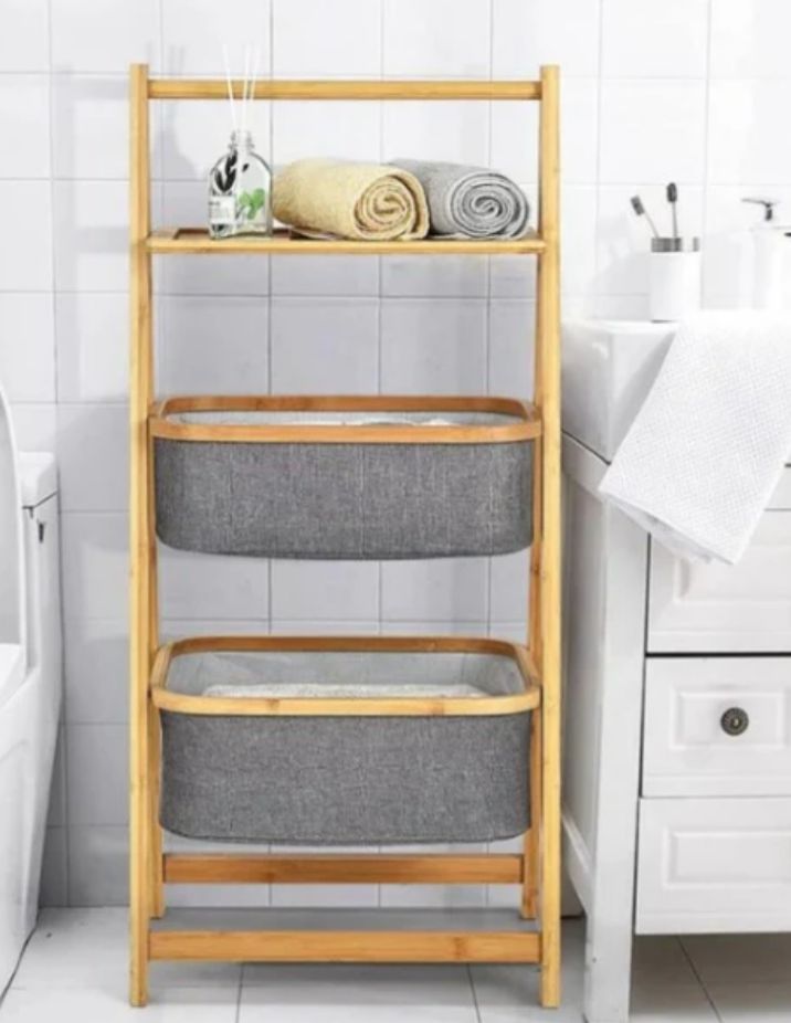 A frame laundry hamper with shelf natural